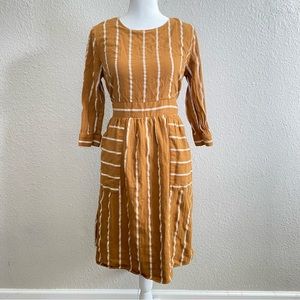 ROOLEE Mustard Yellow White Stripe Cottage Boho Midi Fit & Flare Dress Sz M